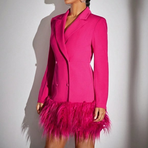 Hot Pink Preppy Womens Double Breasted Fuzzy Hem Blazer Dress - Picture 4 of 5
